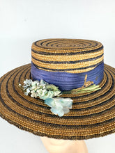 Load image into Gallery viewer, Original 1930's 1940's Blue Stripe Straw Hat with Floral Trim - Perfect Summer Hat *