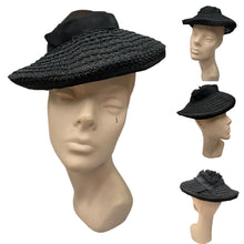 Load image into Gallery viewer, Original 1940's Black Straw Hat with Net Ruffle Trim and Grosgrain Band