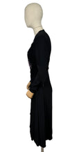 Load image into Gallery viewer, Original 1940's Black Satin Backed Crepe Long Sleeved Cocktail Dress with Lilac Purple Floral Silk Embroidery - Bust 36 38 *