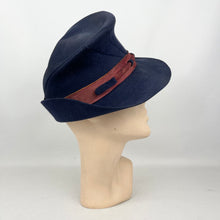 Load image into Gallery viewer, Original 1930’s 1940’s Blue Felt Tilt Fedora Hat with Pretty Rust Suede Trim *