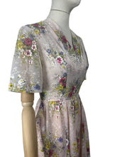 Load image into Gallery viewer, Original 1950's Pretty Pale Pink Nylon Dress with Floral Print in Blue, Yellow and White - Bust 36 37