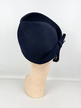 Load image into Gallery viewer, Original Late 1930's or Early 1940's Midnight Blue Felt High Hat with Bow Trim by Reslaw *