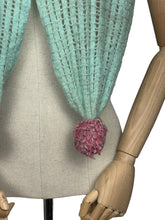 Load image into Gallery viewer, Original 1940's Hand Knitted Wool Scarf with Pretty Pom-pom Trim in Green & Pink