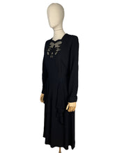 Load image into Gallery viewer, Original 1940’s Post WW2 Inky Black Crepe Cocktail Dress with Beaded Cutout Net Neckline and 11011 Label - Bust 38