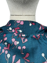 Load image into Gallery viewer, Original 1950’s Artificial Silk House Coat in Petrol Blue with Sycamore Seed Print in Pink and White - Beautiful Dressing Gown - Bust 36” *