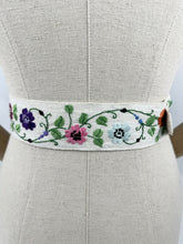 Load image into Gallery viewer, Original 1930's Embroidered Cream Linen Belt with Blue Buckle - Silk Flowers in Red, Purple, Mustard, Blue and Orange