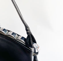 Load image into Gallery viewer, Original 1930's Black Leather Bag with Scalloped Chrome Trim and Single Handle