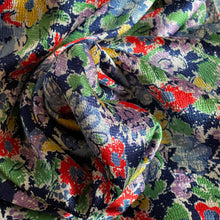 Load image into Gallery viewer, Original 1930's Crepe Floral Dressmaking Fabric in Navy Blue with Red, Yellow, Green , White and Purple Flowers - 34" x 128"