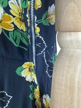 Load image into Gallery viewer, Original 1940's Navy Day Dress with Double Peplum and Floral Print in Green and Yellow - Bust 34 35