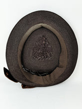 Load image into Gallery viewer, Original 1940's Dark Brown Lacquered Straw Hat with Wide Velvet Bow Trim