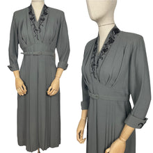 Load image into Gallery viewer, Original 1940's Grey Wool Crepe Belted Dress with Beaded Bodice and Cuff Detail - Bust 38 *