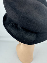 Load image into Gallery viewer, Original 1940's Inky Black Felt New York Creations Hat with Metal Trim and Bow Detail