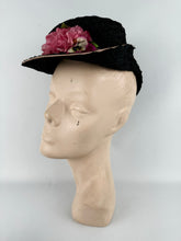 Load image into Gallery viewer, Original Late 1930's or Early 1940's Pink and Black Straw Topper Hat with Floral Trim