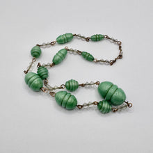 Load image into Gallery viewer, Original Art Deco Green Satin Glass Necklace with Clear Spacers