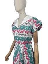 Load image into Gallery viewer, Original 1950's Vibrant Cotton Dress in White, Blue, Black and Pink Cherry Print - Bust 34 35 *