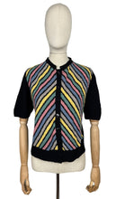Load image into Gallery viewer, Original 1940's Black Chevron Stripe Cardigan in Boucle Wool in Yellow, Grey, Blue, Pink and Green - Bust 36 38 *