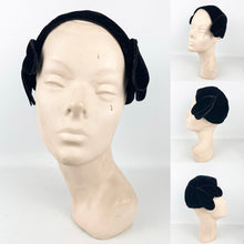 Load image into Gallery viewer, Original 1920's 1930's Black Cotton Velvet Close Fitting Hat with Leaf Trim *