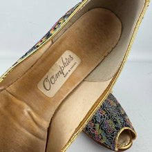 Load image into Gallery viewer, Original 1950’s Rainbow Floral Lounge Shoes with Gold Bow Trim - Charming Slippers - Size 5.5 or 6 *