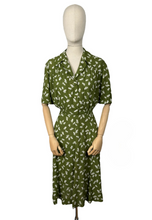 Load image into Gallery viewer, Original 1940's Green and Ivory Feather and Bow Novelty Print Dress - Bust 40