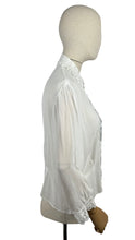 Load image into Gallery viewer, Vintage 1970's 1980's White Chiffon Blouse with Lace Bodice and Cuff Trim - Bust 38 40