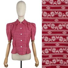 Load image into Gallery viewer, 1940's Reproduction Blouse in Red and White Hearts, Flowers and Stripe Novelty Print - Bust Pink, Blue, Yellow and White Feed Sack - Bust 35 36 37