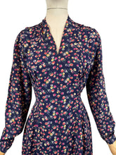 Load image into Gallery viewer, Original 1940's Navy Blue Crepe Long Sleeved Day Dress with Floral Print in Pink and Purple