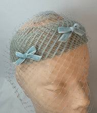 Load image into Gallery viewer, Original 1950's Baby Blue Hat with Face Net and Bow Trim