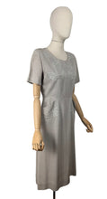 Load image into Gallery viewer, Original 1950's Dove Grey Grosgrain Wiggle Dress with Grape Vine Decoration in Silk and Trapunto Quilting - Bust 38 *