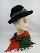 Load image into Gallery viewer, Original 1930's Dark Green Fur Felt Hat with Rust, Green and Ivory Grosgrain Trim - With Matching Scarf
