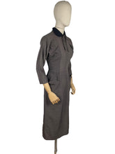 Load image into Gallery viewer, Original 1950's Grey Wiggle Dress with Black Accent Collar and Bow Trim at the Neck - Bust 34