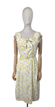 Load image into Gallery viewer, Original 1950's Yellow, Green and Brown Novelty Print Sleeveless Belted Day Dress with Roses, Birds and Birdcage Print - Bust 38 *