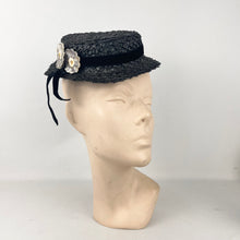 Load image into Gallery viewer, Original 1940’s Black Straw Tilt Topper Hat with Pretty Floral Trim