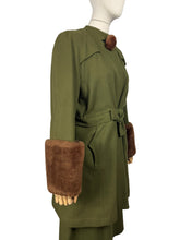 Load image into Gallery viewer, Original 1940's Olive Green Herringbone Wool Long Line Belted Jacket and Skirt Suit with Faux Fur Trim - Short Coat - Bust 36 38