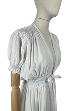 Load image into Gallery viewer, Original 1940's White Crepe Dressing Robe with Ice Blue Smocking Detail - Bust 34 36 *