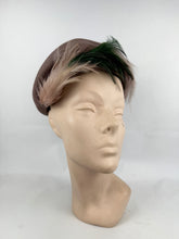 Load image into Gallery viewer, Original 1950's Brown Felt Hat with Pink and Green Feather Trim