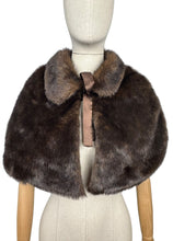Load image into Gallery viewer, Original 1950's Faux Fur Dark Brown Evening Cape with Satin Lining and Bow Trim *