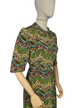 Load image into Gallery viewer, Original 1930's 1940's Green Crepe Day Dress with Floral Chevron Print in Red, Blue and Mustard