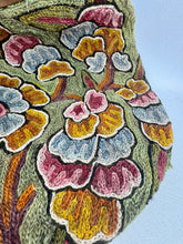Load image into Gallery viewer, Original 1920’s Crewel Work Bag with Flowers in Green, Rust, Pink and Blue with Carved Wooden Handles