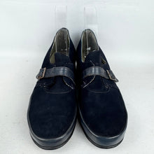 Load image into Gallery viewer, Original 1940's CC41 Deadstock Navy Blue Suede and Leather Wedge Shoes - UK 4 4.5