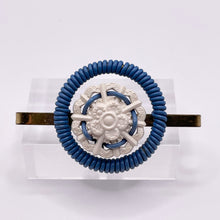 Load image into Gallery viewer, Original 1940's Blue and White Wartime Make Do and Mend Wirework Brooch with Flower Button Middle