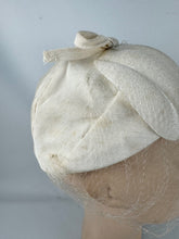 Load image into Gallery viewer, Original 1950's Ivory Fabric Petal Hat with Face Veil and Bow Trim *