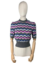 Load image into Gallery viewer, Reproduction 1940’s Hand Knitted Feather and Fan Striped Jumper in Grey, White, Blue and Pink - Bust 36 38
