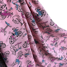 Load image into Gallery viewer, Original 1940's Novelty Print Pink Linen Dressmaking Fabric with Bicycles - 36"x 64"