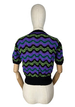 Load image into Gallery viewer, Reproduction 1940’s Hand Knitted Feather and Fan Striped Jumper in Black, Purple, Teal and Neon Green - Bust 36 38 40 *