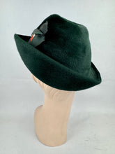 Load image into Gallery viewer, Original 1930's Dark Green Fur Felt Hat with Rust, Green and Ivory Grosgrain Trim - With Matching Scarf