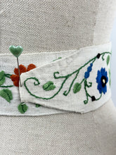 Load image into Gallery viewer, Original 1930's Embroidered Cream Linen Belt with Blue Buckle - Silk Flowers in Red, Purple, Mustard, Blue and Orange