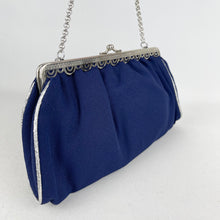 Load image into Gallery viewer, Charming Original 1950's Evening Bag by RFC in Blue with Etched Chrome Frame and Original Mirror