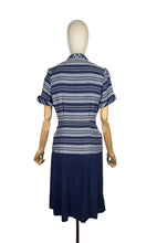 Load image into Gallery viewer, Original 1940's Navy Blue and Grey Linen Stripe Day Dress - Bust 36