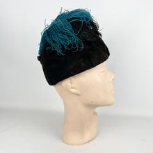 Load image into Gallery viewer, Fabulous Original 1930's Dark Brown Velvet Hat with Ostrich Feather Plume Trim in Blue and Black *