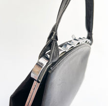 Load image into Gallery viewer, Original 1930's Black Leather Bag with Scalloped Chrome Trim and Single Handle